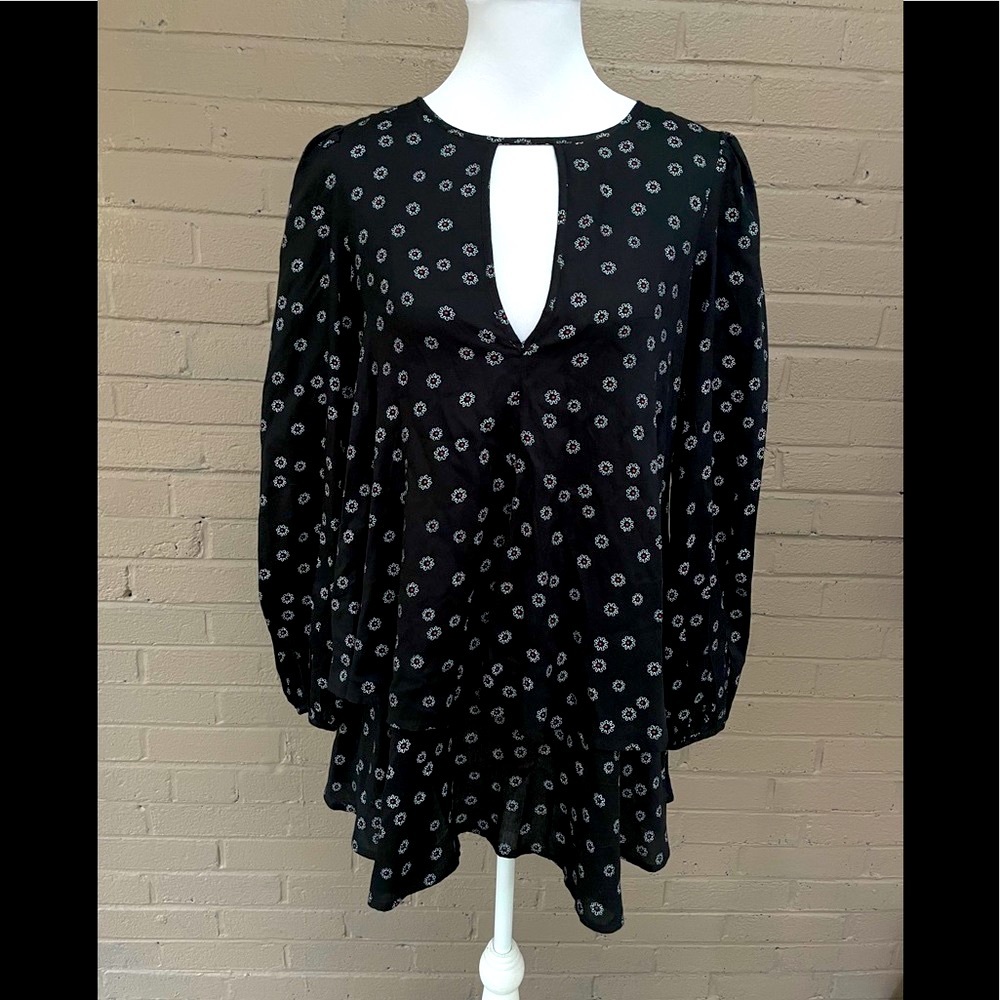 Free People Black floral print tiered top S